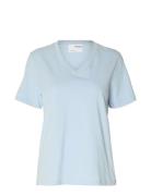 Selected Femme Slfessential Ss V-Neck Tee Noos Blå