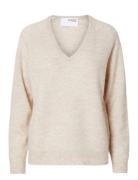 Selected Femme Slflulu New Ls Knit V-Neck B Noos Beige