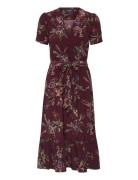 Lauren Ralph Lauren Floral Jersey Surplice Puff-Sleeve Dress Burgundy