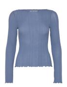 Monki Ribbed Long Sleeve Lettuce Hem Top Blå