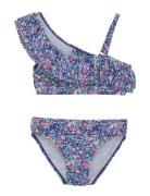 Color Kids Bikini 1 Shoulder Frill, Aop Blå